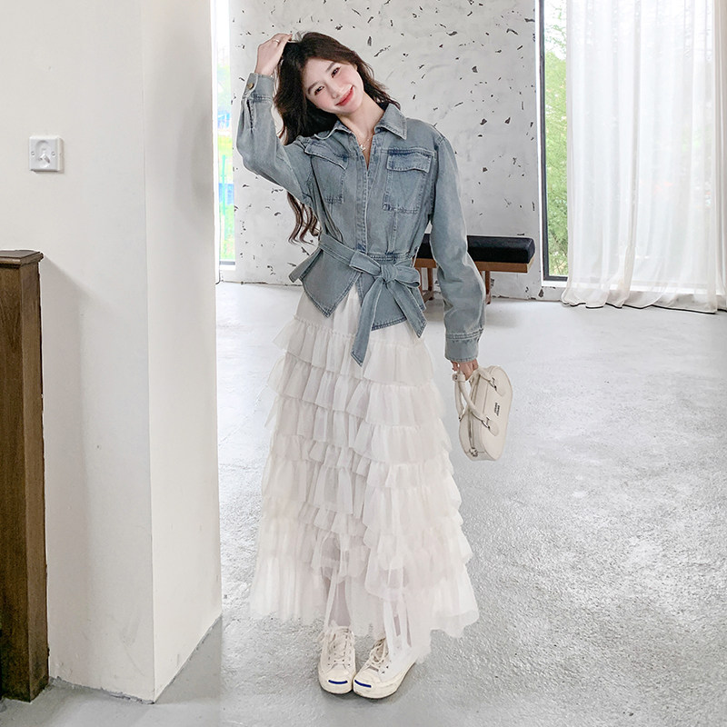 新款春秋装牛仔外套+网纱半身裙2C153-3386-P175K258,女装套装/套裙,2C153