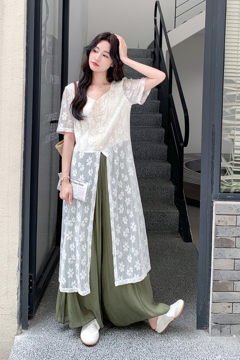 夏装新款设计感蕾丝拼接阔腿裤两件套2C153-832-P165K248,女装连衣裙,2C153