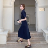 深蓝色淡人系收腰牛仔连衣裙女2025夏季复古小个子气质显瘦衬衫裙，女装连衣裙，2C153