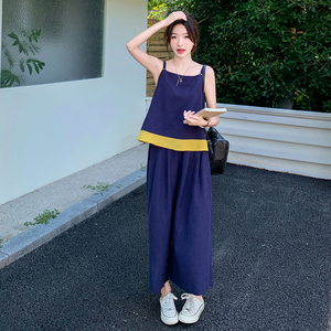 撞色穿搭清冷感套装裤女夏2025新款今年流行休闲吊带阔腿裤两件套图片