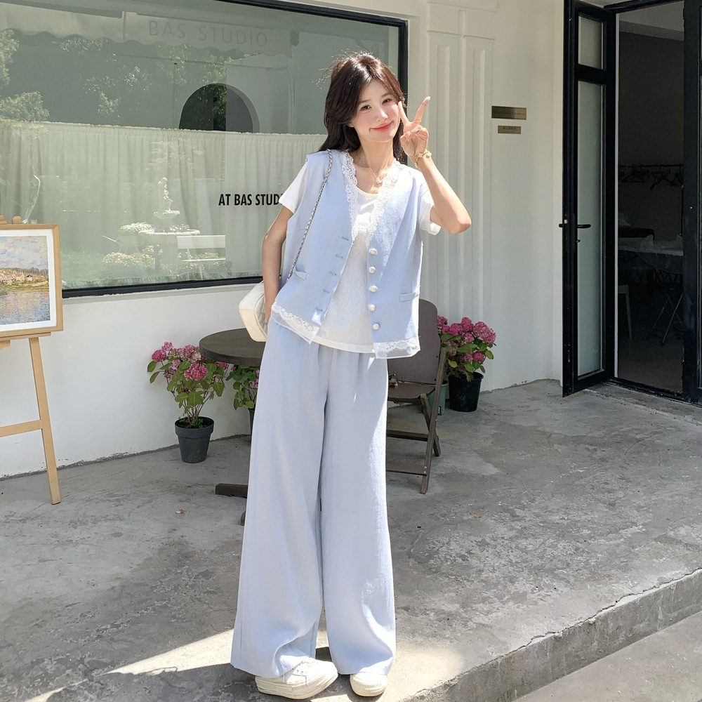 蓝色盐甜系穿搭减龄蕾丝马甲套装女夏新款时尚洋气t恤长裤三件套图片