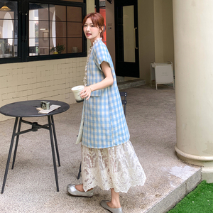 设计感法式蓝色格子泡泡袖衬衫裙蕾丝刺绣半身裙两件套女夏季新款图片