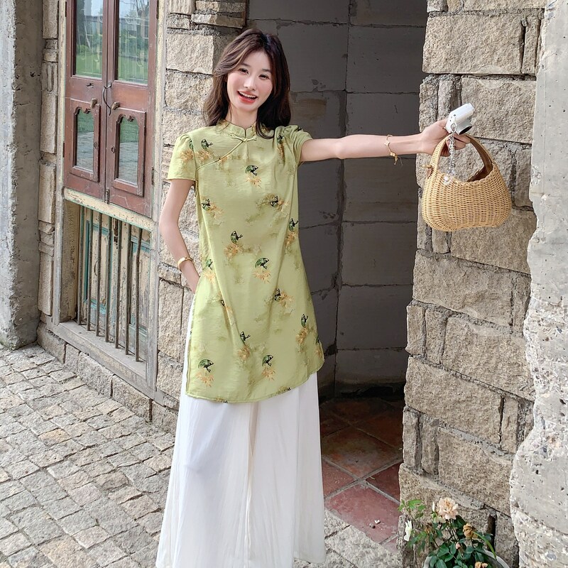 新中式国风阔腿裤套装女气质2025夏季新款时尚复古印花上衣两件套,女装套装/套裙,2C153