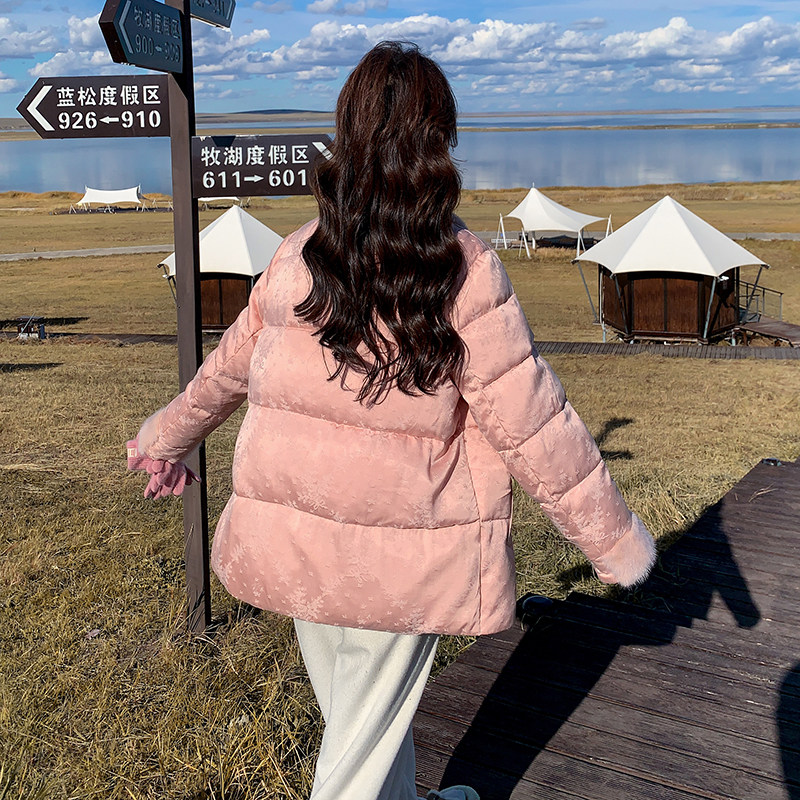 粉色气质国风盘扣羽绒服女冬季新款漂亮拼接毛绒中式白鸭绒外套,女装羽绒服,2C153