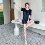 又a又飒穿搭牛仔套装女夏2025新款假两件小吊带t恤上衣短裤两件套，女装套装/套裙，2C153