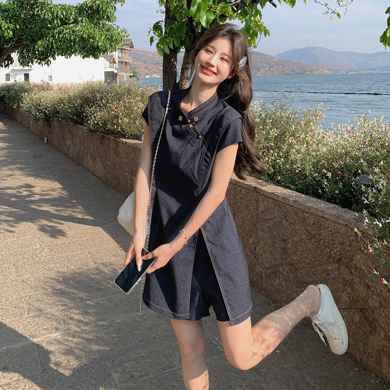 国风新中式牛仔套装裙女夏时尚洋气两件套装时髦洋气小个子旗袍款图片