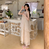 甜美超仙假两件吊带连衣裙女夏2025新款独特漂亮显瘦绝气长裙，女装连衣裙，2C153
