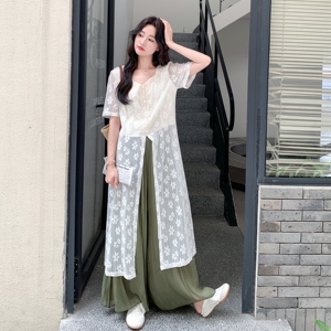 夏装新款 设计感蕾丝拼接阔腿裤两件套2C153-832-P165K248图片