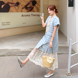 设计感法式蓝色格子泡泡袖衬衫裙蕾丝刺绣半身裙两件套女夏季新款，女装连衣裙，2C153