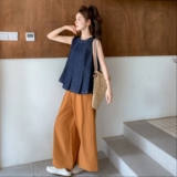 复古牛仔背心上衣直筒裤时尚套装女2025夏季新款松弛感休闲两件套，女装套装/套裙，2C153