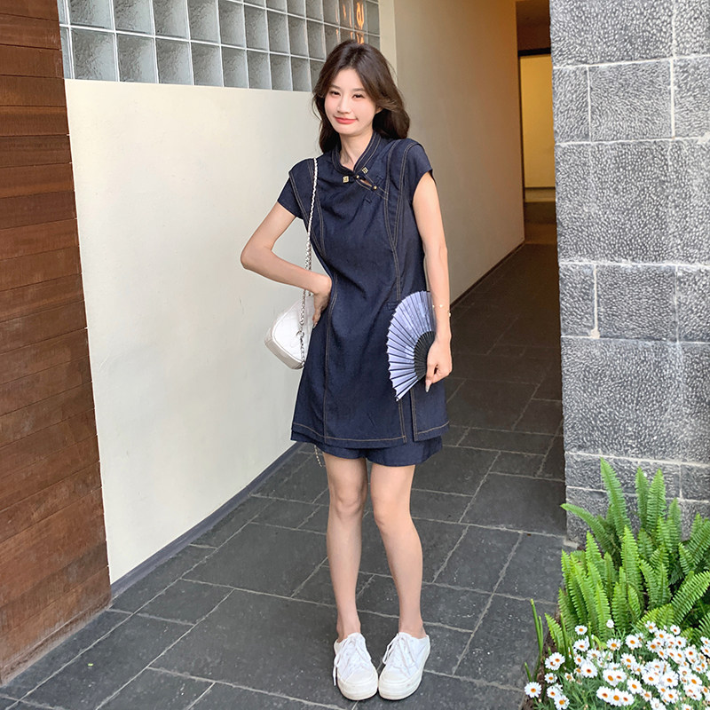 国风新中式牛仔套装裙女夏时尚洋气两件套装时髦洋气小个子旗袍款,女装套装/套裙,2C153
