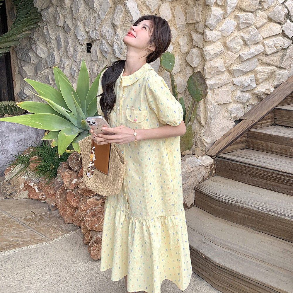 奶乎乎黄色娃娃领连衣裙女2025夏新款韩系甜美宽松减龄碎花衬衫裙,女装连衣裙,2C153