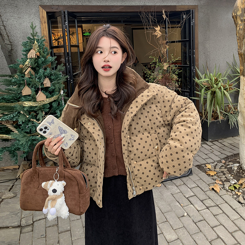 波点灯芯绒短款羽绒服女冬新款短款面包服小个子90白鸭绒学院外套,女装羽绒服,2C153