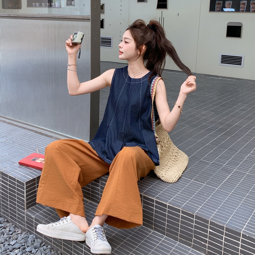 复古牛仔背心上衣直筒裤时尚套装女2025夏季新款松弛感休闲两件套,女装套装/套裙,2C153