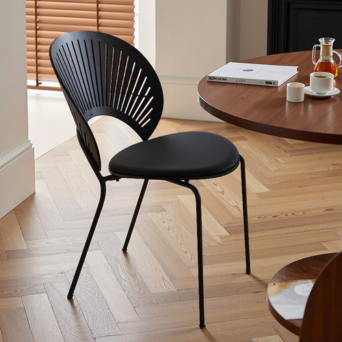 网红中古实木贝壳椅家用餐桌椅可叠放靠背椅子休闲高级咖啡厅餐椅