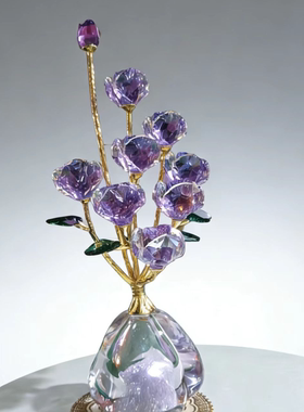 水晶玫瑰花束摆件创意桌面装饰品紫色花朵家居工艺品