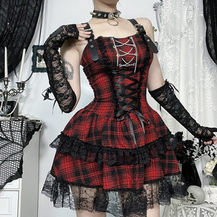 Gothic暗黑哥特风轻音格子连衣裙 性感辣妹格子裙女 2025新款
