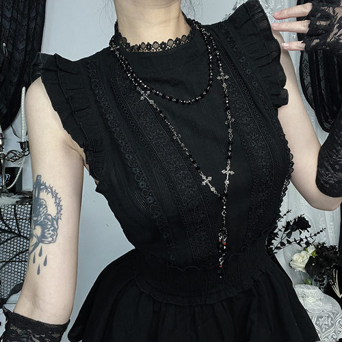 Gothic哥特暗黑风小魔女暗纹棉面料无袖连衣裙2025新款修身