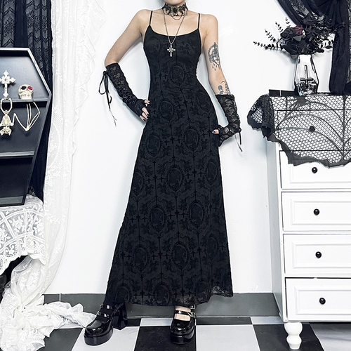 Gothic哥特暗黑风性感个性十字架植绒修身包臀吊带连衣裙