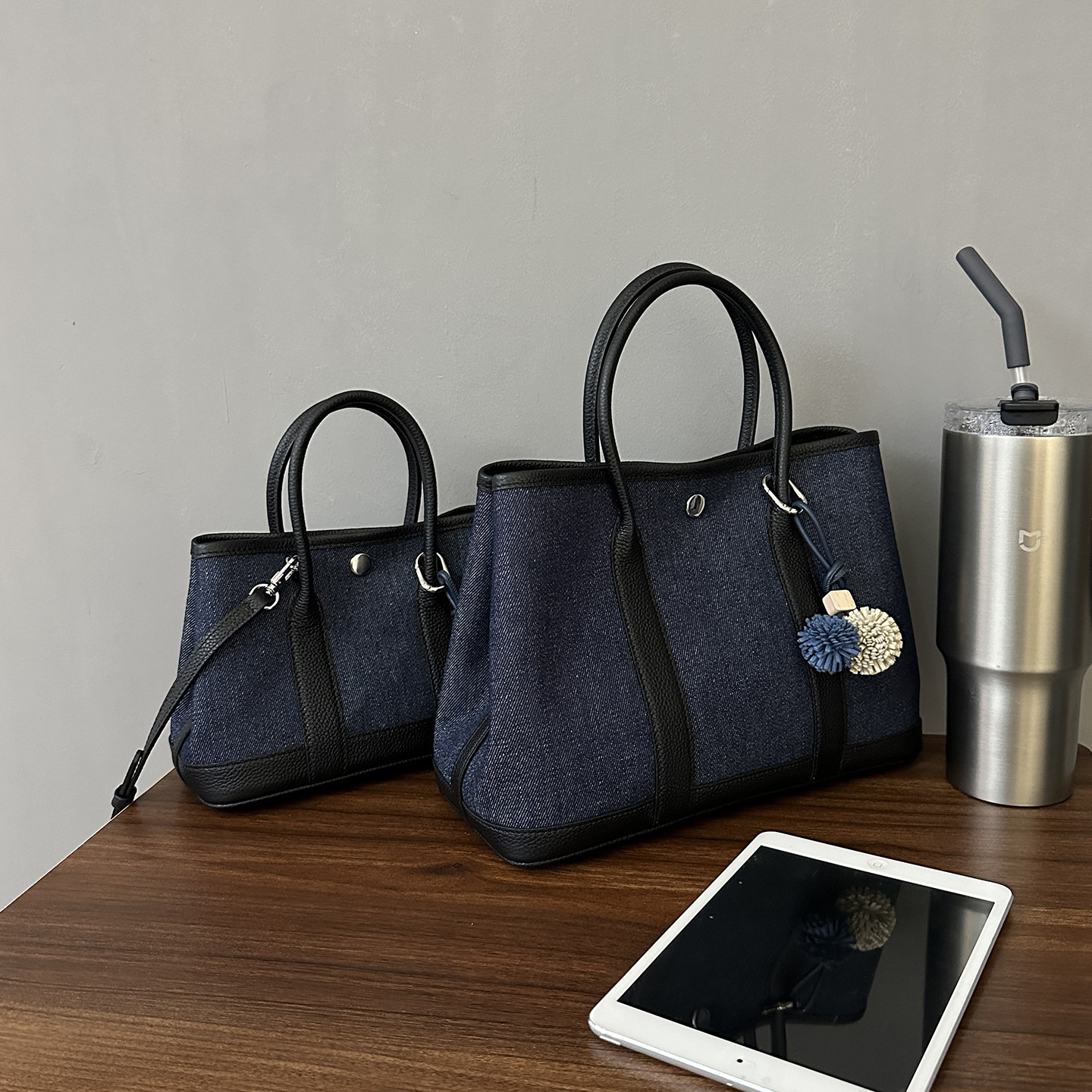 马家经典牛仔帆布包配头层牛皮花园包子母包休闲手提真皮托特包女