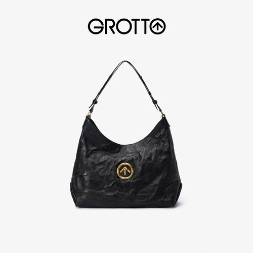 grotto真皮黑石大号hobo单肩包