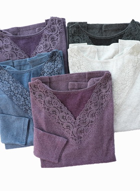 外贸日单 女FTY秋衣蕾丝领边发热纤维保暖内衣家居上衣保暖打底衣