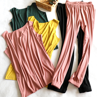 螺纹莫代尔无痕V领女宽肩无袖背心吊带束脚收口裤家居服睡衣套装