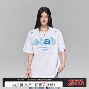 【Achock官方店】acac系列格子拼接花朵刺绣圆领短袖新款半袖T恤
