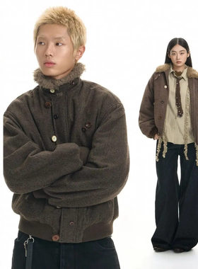 NKAOL加绒保暖棉服男座山雕毛领拼接慵懒设计感情侣外套女