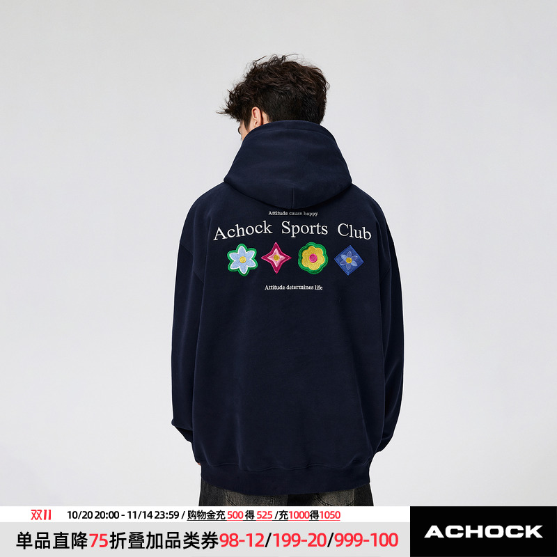 【Achock官方店】四时花境花瓣刺绣帽衫外套美式嘻哈连帽卫衣男女