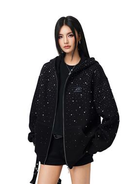 【Achock官方店】闪钻重磅连帽开衫卫衣满天星空气层拉链外套潮