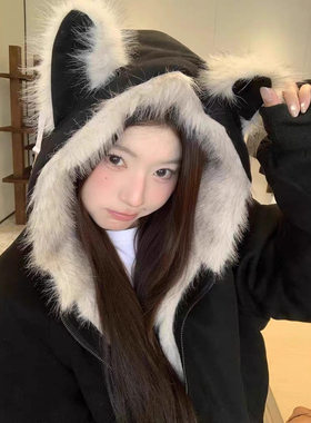 NKAOL黑色鹿皮毛领夹棉座山雕外套男女同款秋冬加厚情侣装外套