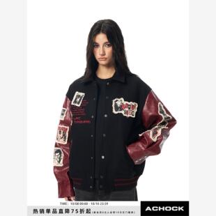 【Achock官方店】覆古重工贴布刺绣印花PU皮裂纹外套重磅翻领夹克