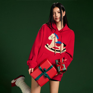 【Achock官方店】圣诞氛围感木马毛巾绣“马上有钱”加绒连帽卫衣