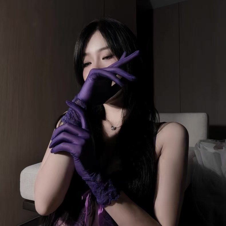 紫色丝袜手套女蕾丝情调黑丝性感超薄丝滑手丝高弹五指长款手套