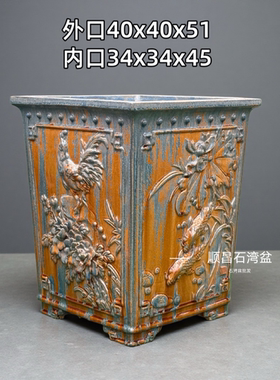 岭南石湾花盆四方高深盆手工贴花陶瓷盆园林盆景盆三角梅罗汉松盆