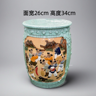 岭南石湾花盆贴花冰裂釉面陶瓷广东圆筒形盆景盆花器花架座鼓底座