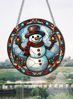 跨境热销圣诞雪人亚克力挂件橱窗门廊家居装饰双面图案铁链挂牌