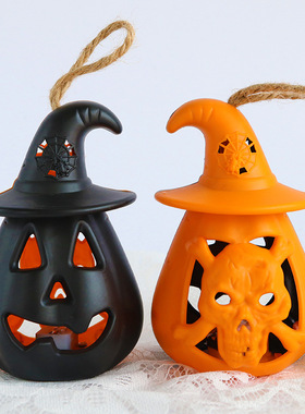 跨境万圣节南瓜灯 手提恐怖装饰骷髅蜡烛灯场地布置道具led小马灯