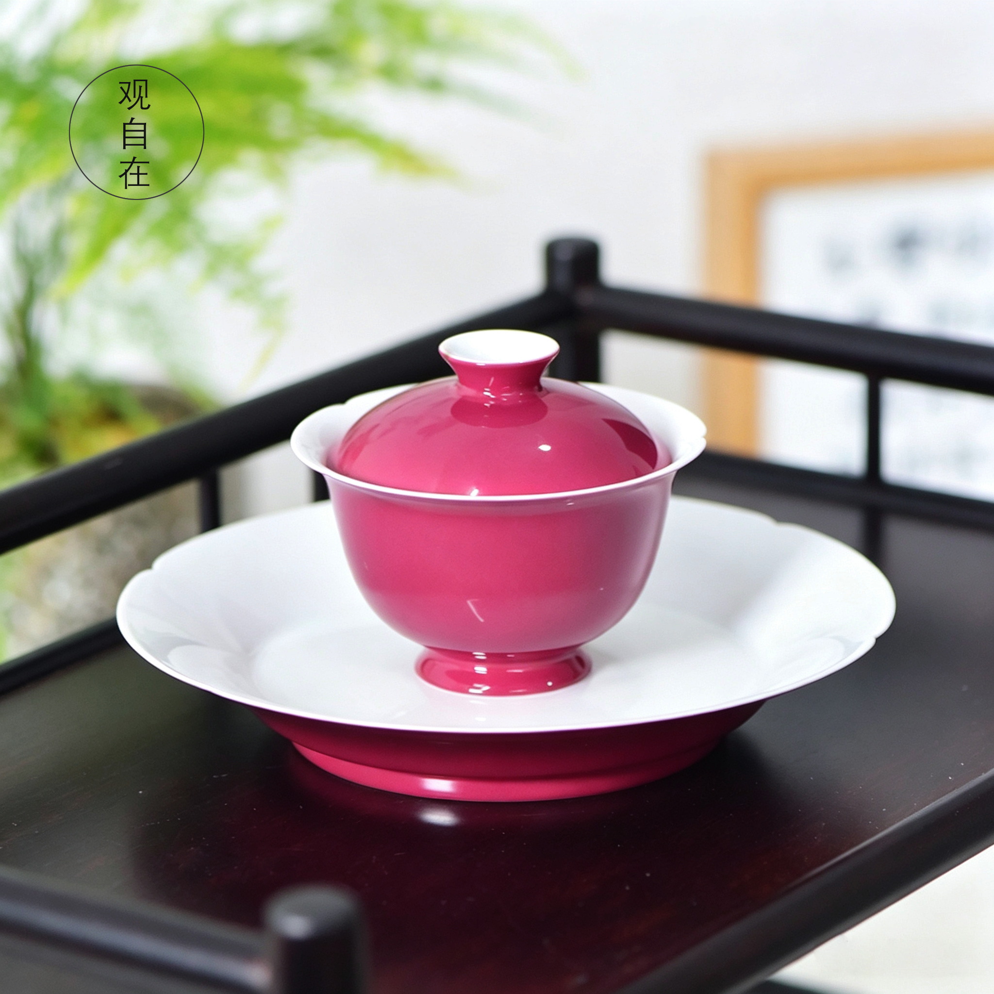 胭脂红盖碗景德镇手工茶具花口壶承茶盘二才泡茶碗女神茶器薄胎