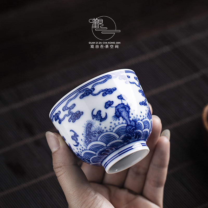 景德镇青花点工手绘福山寿海主人杯功夫茶具仿古帝王杯送礼长寿杯