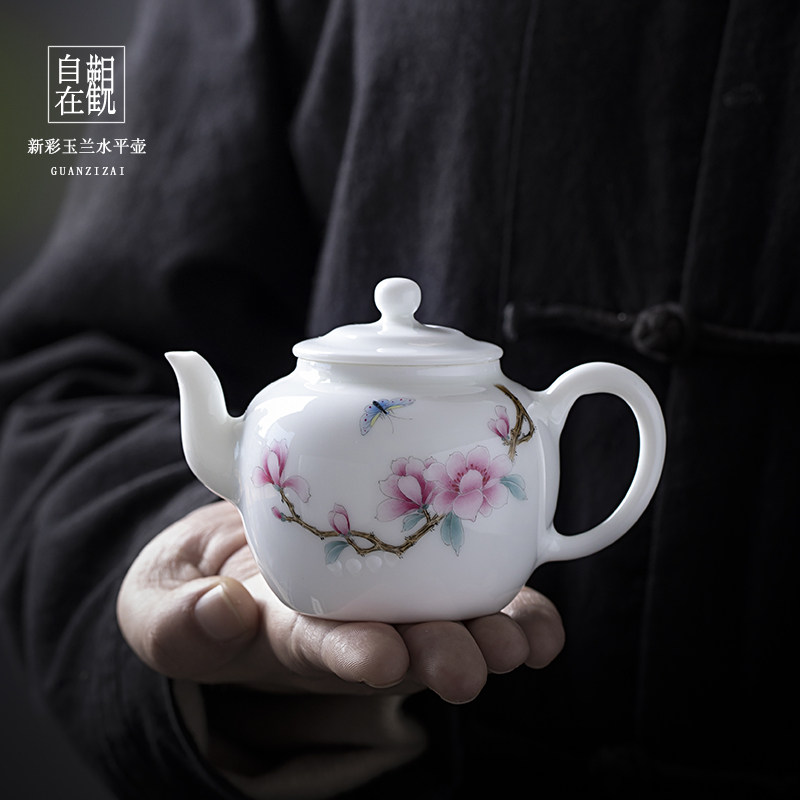 景德镇白瓷手绘玉兰花素雅泡茶壶