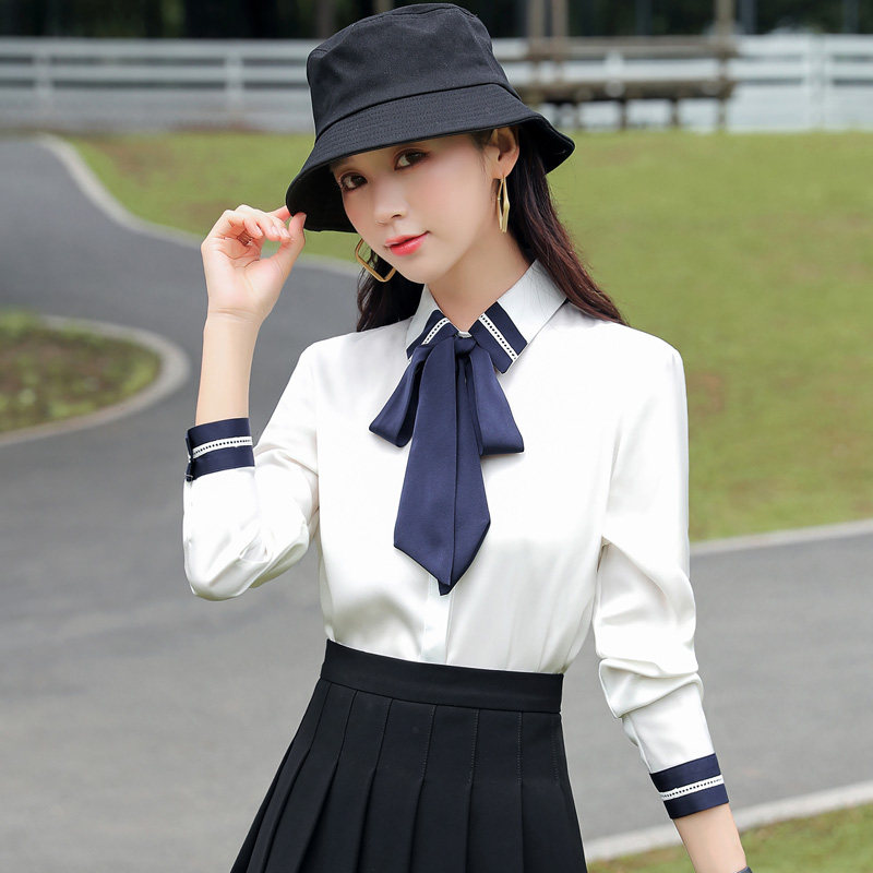 蝴蝶结白色雪纺衬衫女长袖2022春季直筒JK制服学院风时尚撞色衬衣,女装/女士精品,衬衫,淘宝优惠券,粉丝福利购,淘宝优惠卷