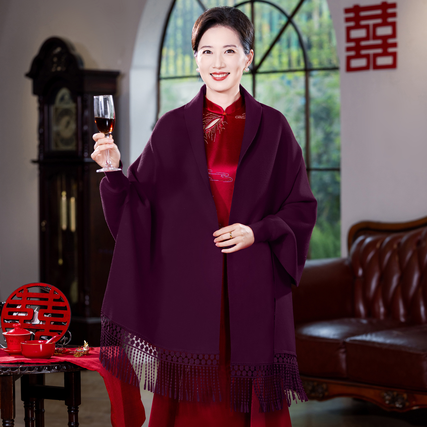 喜婆婆婚礼配旗袍的外搭秋冬新款纯色披肩喜妈妈婚宴礼服高端外披