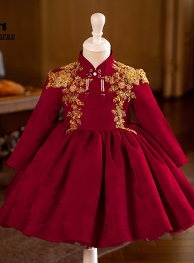 红色女童礼服中式长袖花童公主裙儿童主持人钢琴演出服蓬蓬裙高级