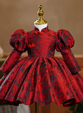 儿童礼服公主裙生日蓬蓬裙红色主持人礼服女童钢琴演奏演出服秋冬