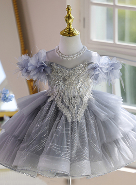 儿童公主裙小女孩生日小礼服走秀钢琴演奏演出服女童礼服灰色高级