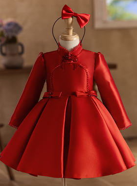 儿童礼服花童公主裙红色主持人钢琴演出服女童礼服生日长袖中式