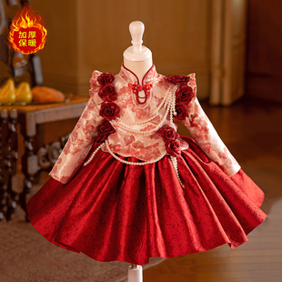 新款女童礼服中式生日主持钢琴演奏公主裙儿童唐装拜年服喜庆冬季