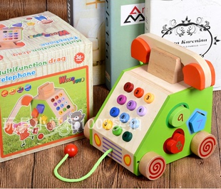 儿童木制仿真电话机玩具 宝宝木质几何形状配对应积木拖拉玩具车